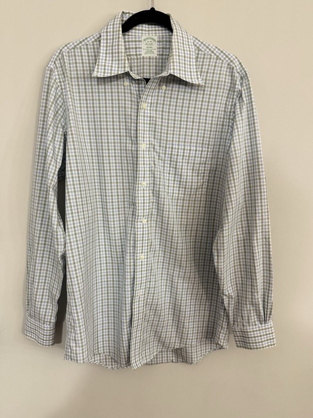 Brooks Brothers Milano 16-34 Dress Shirt Blue Green Check Non-Iron Cotton